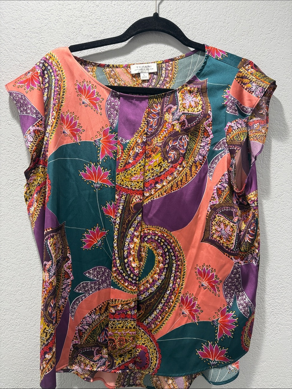 Tahari Multicolor Paisley Cap Sleeve Blouse - Teal/Purple/Coral